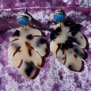 Tortoise Shell Leaf Earrings with Blue Accents